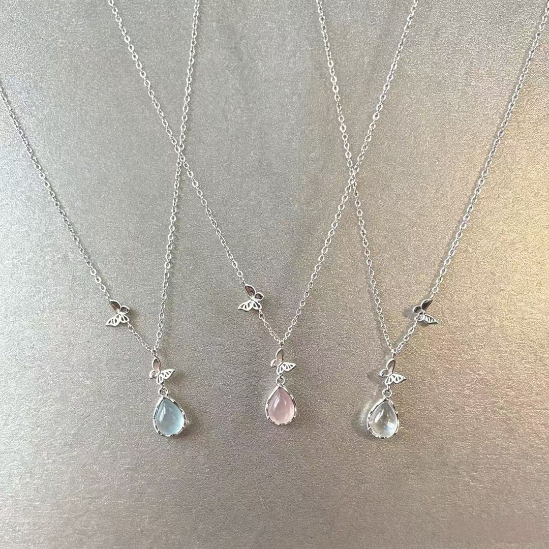 S925 Sterling Silver Ice-Clear Teardrop & Butterfly Necklace