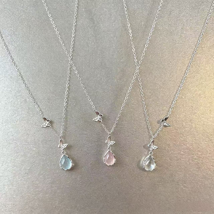 S925 Sterling Silver Ice-Clear Teardrop & Butterfly Necklace