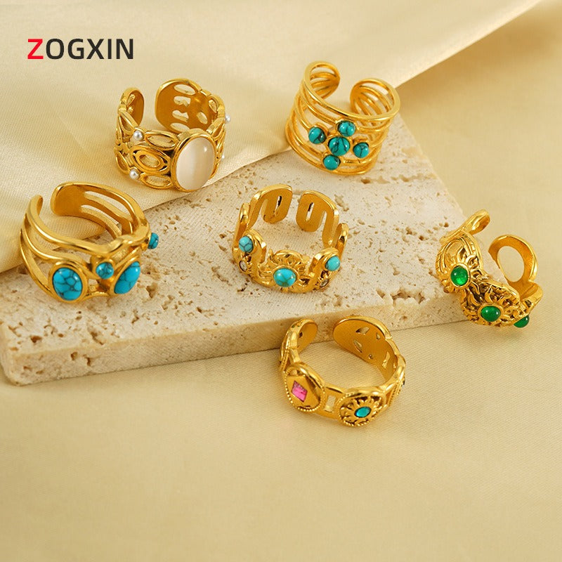 18K Gold Vintage Boho Natural Stone Open Ring