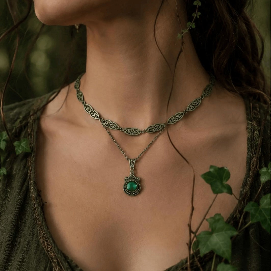 Vintage Celtic Knot Green Stone Choker Mystical Druid Nature Necklace