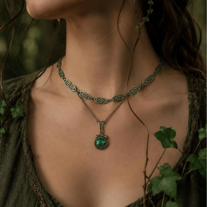 Vintage Celtic Knot Green Stone Choker Mystical Druid Nature Necklace