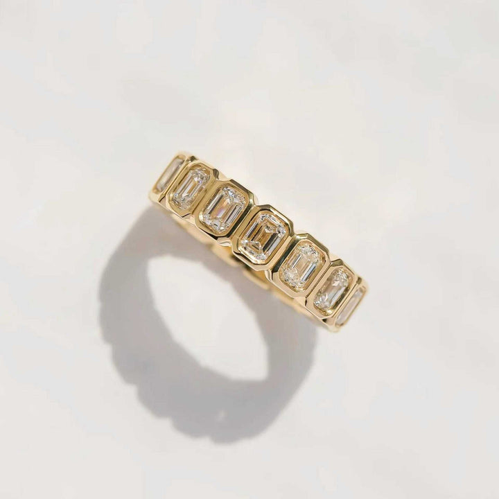 18K Gold Emerald Cut Eternity Band Geometric Bezel Set Ring