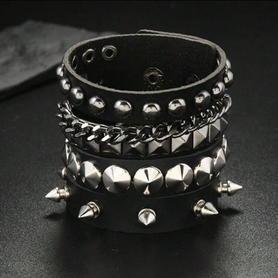 Vintage Rock Chic Studded Leather Bracelet Set