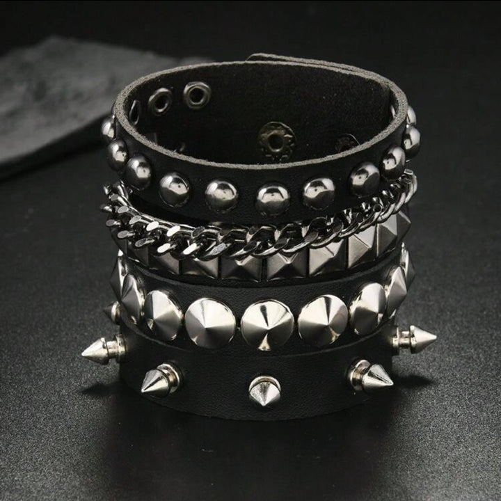Vintage Rock Chic Studded Leather Bracelet Set