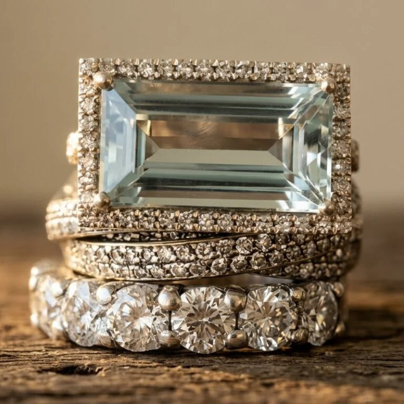 S925 Sterling Silver Vintage Rectangular Stone 3-Piece Ring Set Luxe Stacking Pavé Band Set