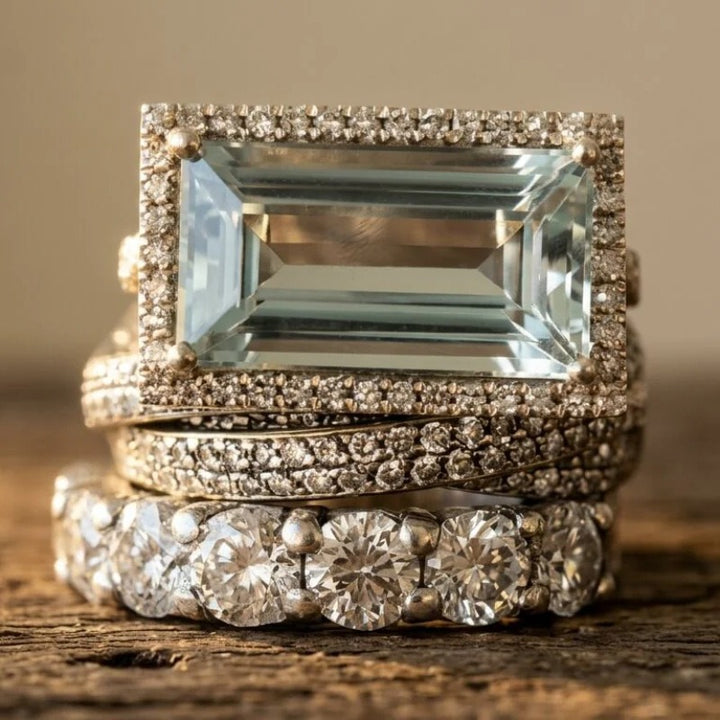 S925 Sterling Silver Vintage Rectangular Stone 3-Piece Ring Set Luxe Stacking Pavé Band Set