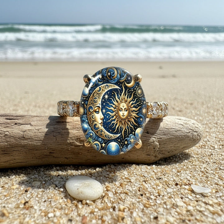 18K Gold Vintage Sun & Moon Ring Mysterious Celestial Art Ring