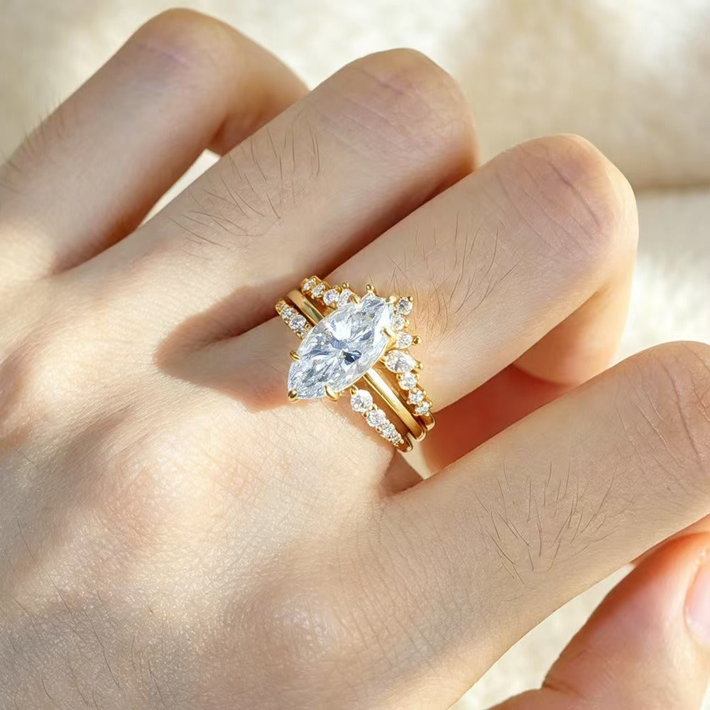 18K Gold Marquise Crown & Open Band Stackable Ring Set