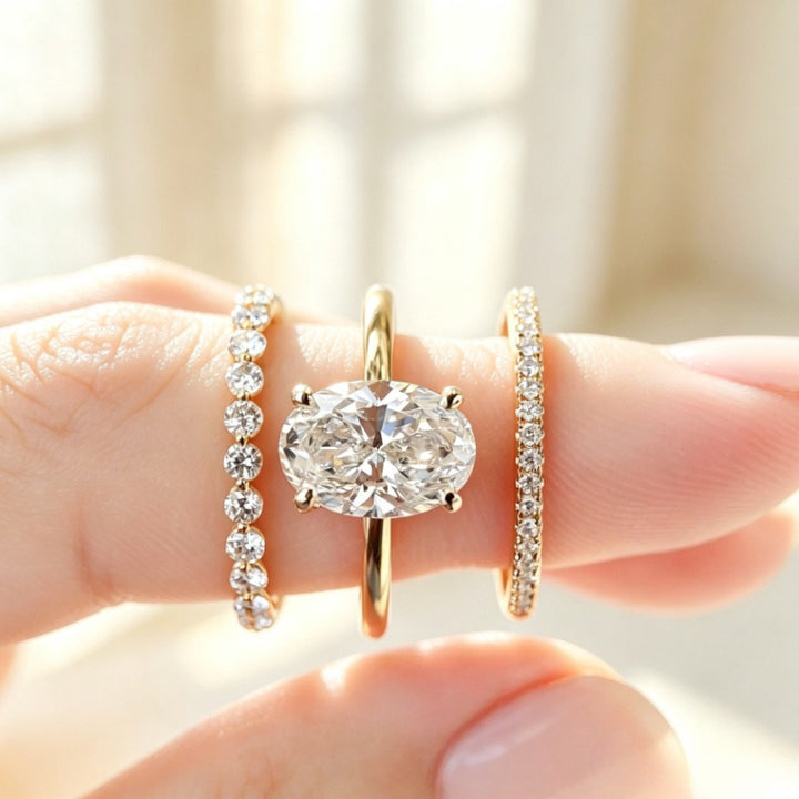 S925 Sterling Silver Oval Solitaire & Pavé Eternity Band 3-Piece Stacking Ring Set