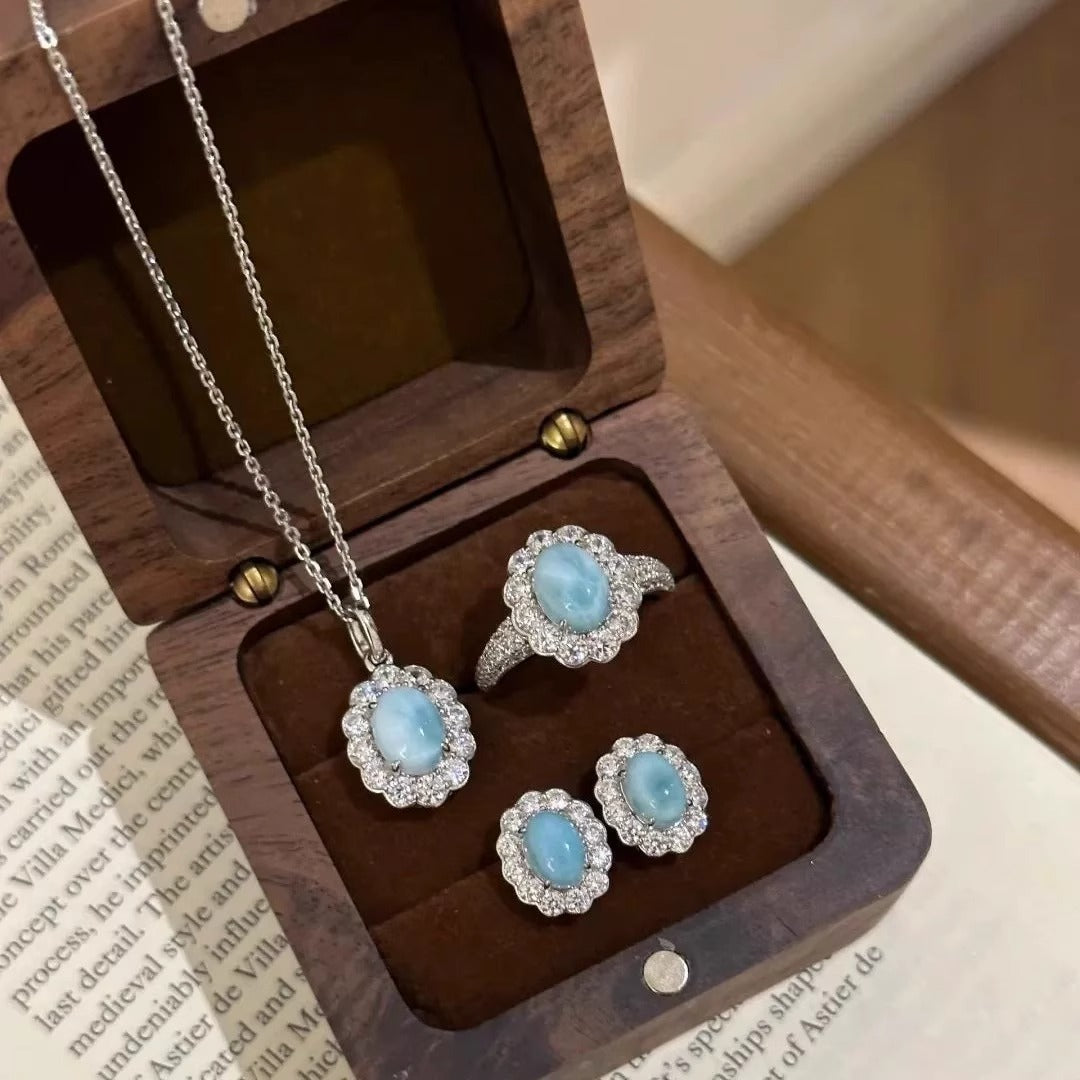 Caribbean Dream · Natural Larimar Pavé Halo Jewelry Set