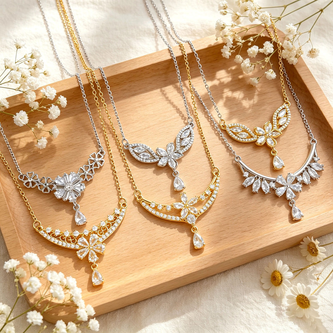 French Romance · Vintage Floral Vine Marquise & Teardrop Pavé Necklace