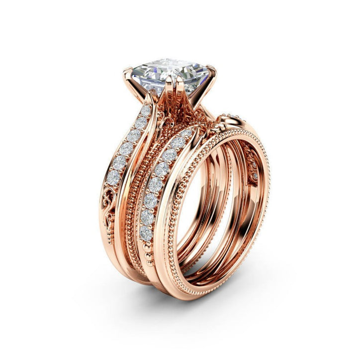 Vintage Rose Gold Princess Cut 2-Piece Ring Set