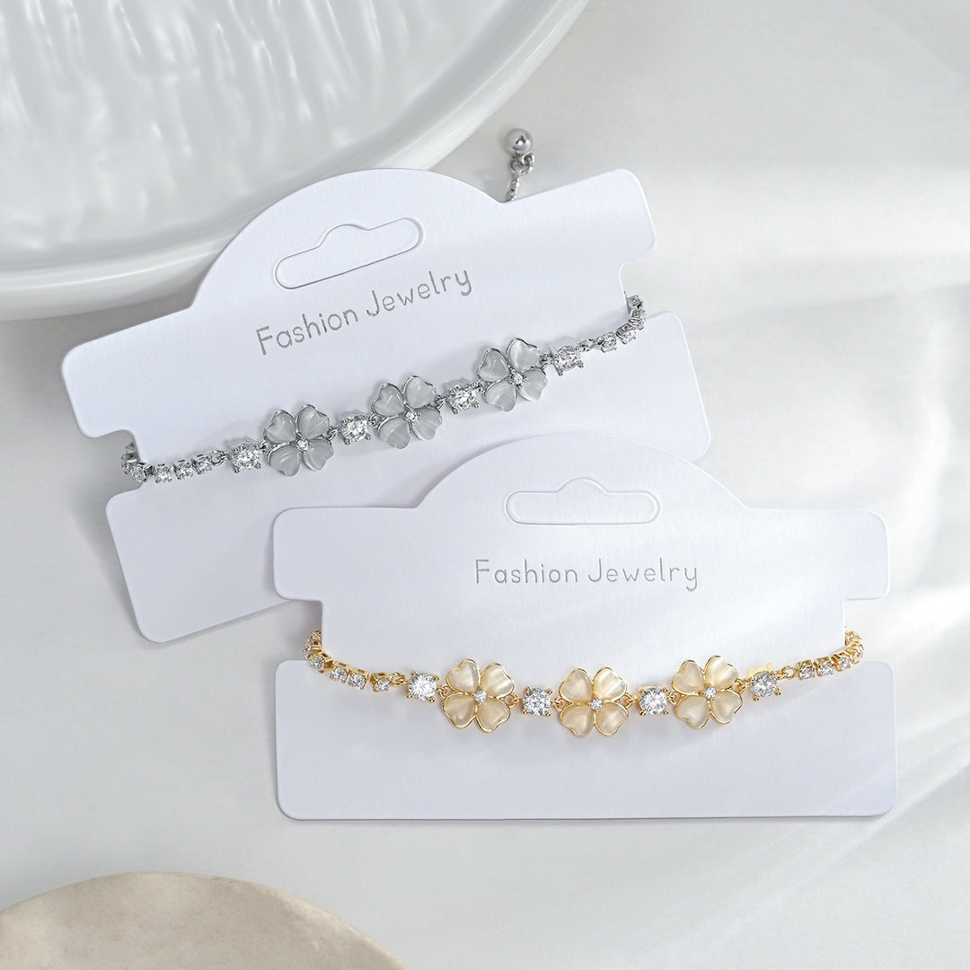 18K Gold Vintage Four-Leaf Clover Bracelet Elegant Pearl Shell & CZ Floral Jewelry
