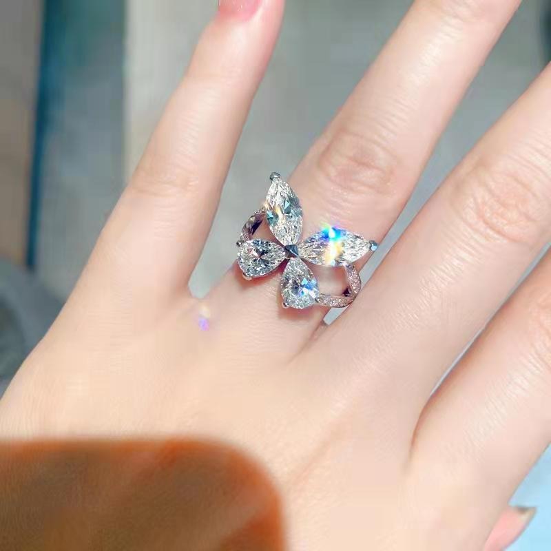 18K Gold Four-Stone Butterfly Open Ring Marquise CZ Adjustable Statement Ring