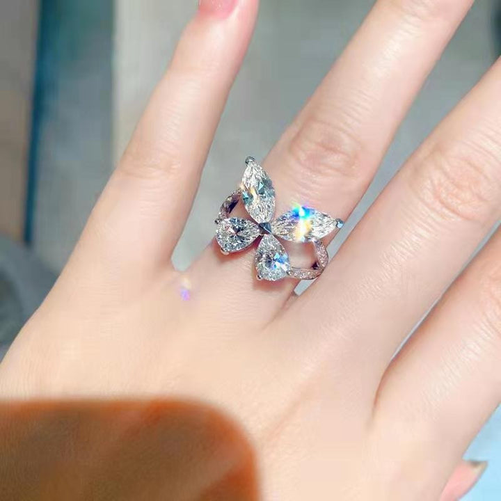 18K Gold Four-Stone Butterfly Open Ring Marquise CZ Adjustable Statement Ring