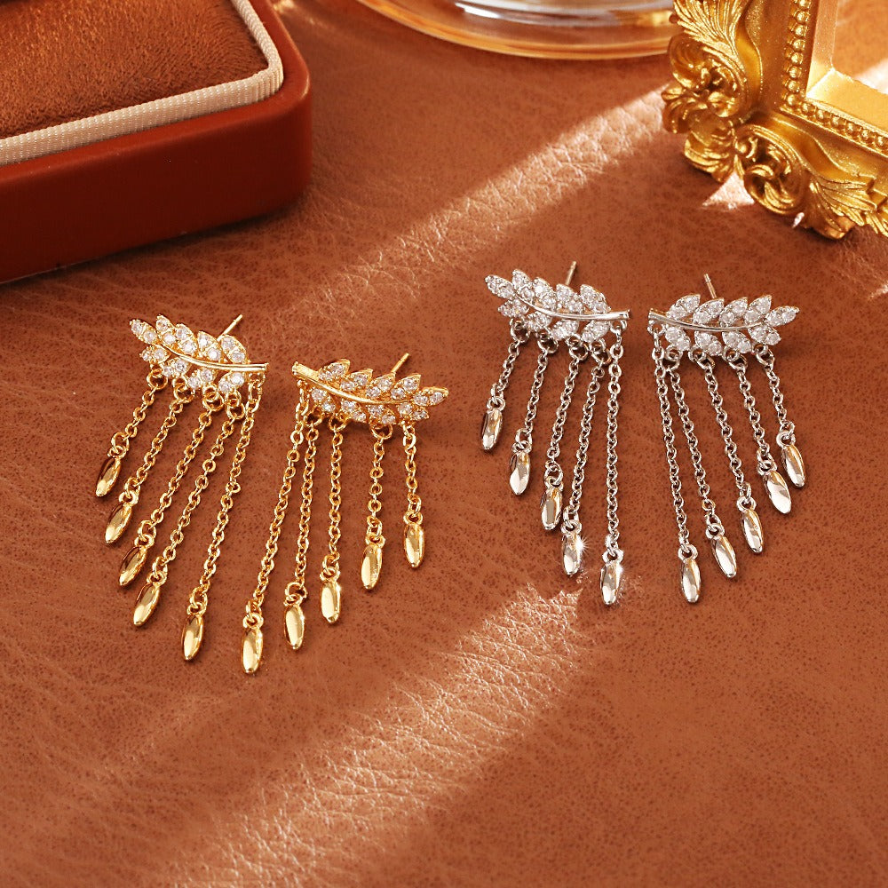 S925 Silver Pavé Laurel Leaf Tassel Earrings Botanical Ethereal Long Drop Earrings