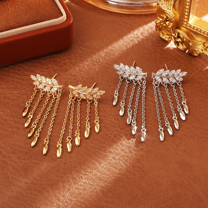 S925 Silver Pavé Laurel Leaf Tassel Earrings Botanical Ethereal Long Drop Earrings