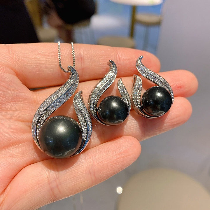 Silver Black Pearl & Pavé Streamline Necklace and Earrings Set