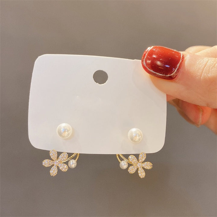 S925 Silver Floral Pearl Ear Cuff & Stud Set French Romantic Earrings