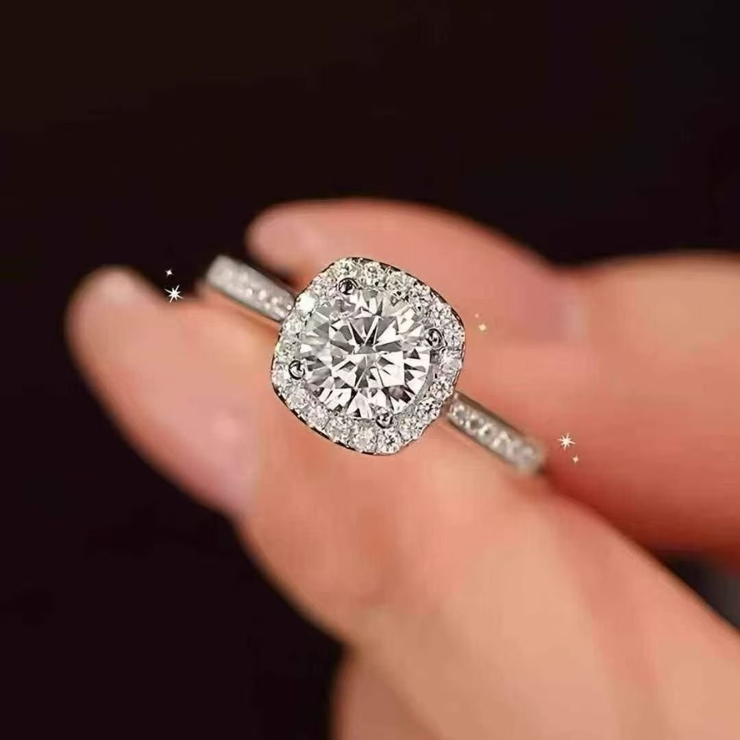 18K White Gold Pavé Band Classic Cushion Halo Engagement Ring