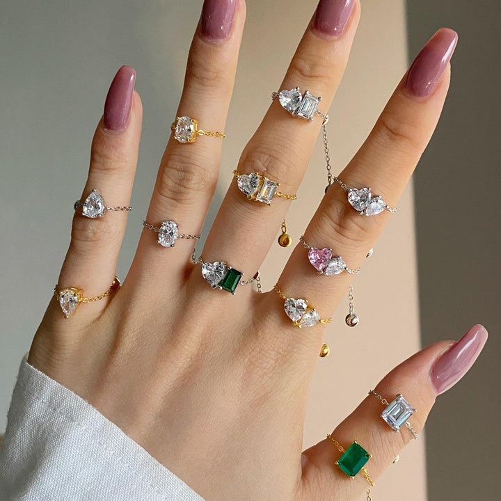 S925 Silver Adjustable Chain Ring | Teardrop, Emerald & Oval CZ