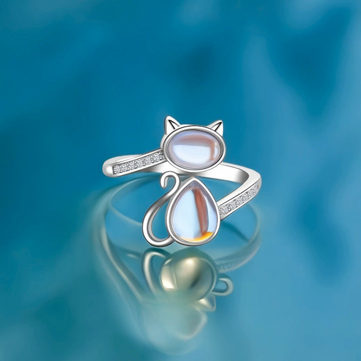 S925 Sterling Silver Moonstone Cat Ring