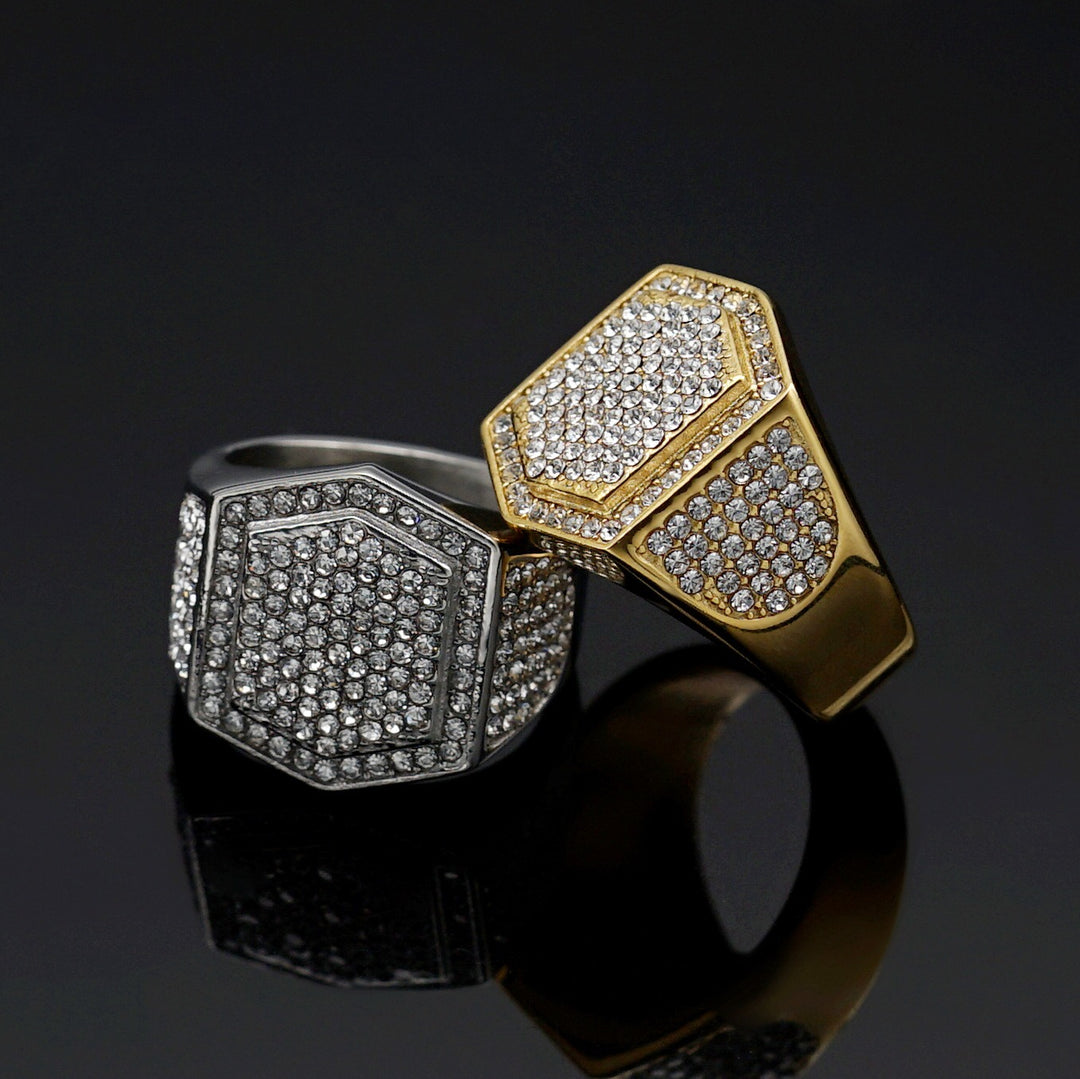 S925 Sterling Silver Iced Out Hexagon Signet Ring