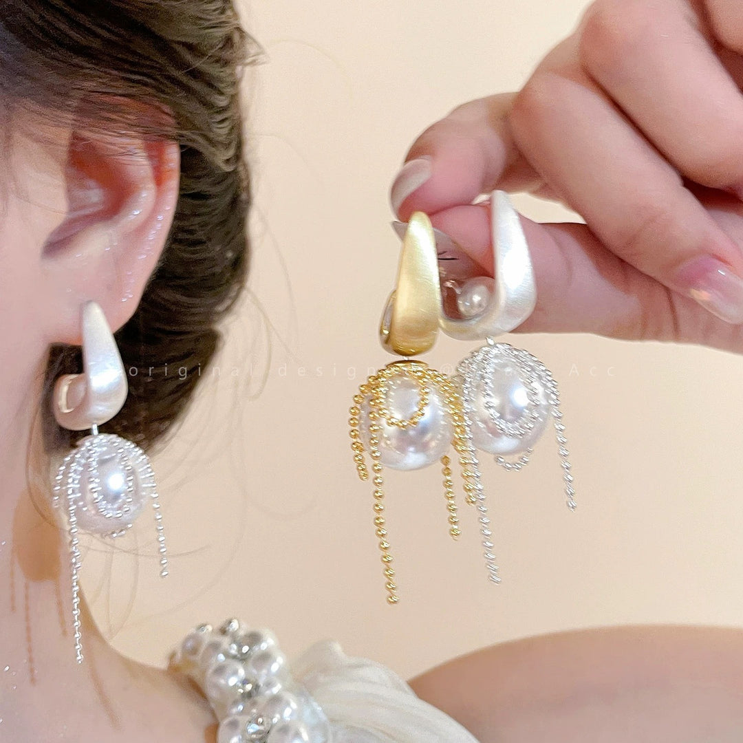 Vintage U-Shape Pearl Tassel Earrings