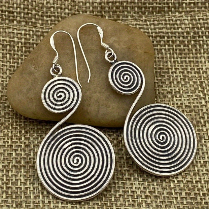 Vintage Spiral Drop Earrings Oxidized Silver-Tone Double Disc Dangle