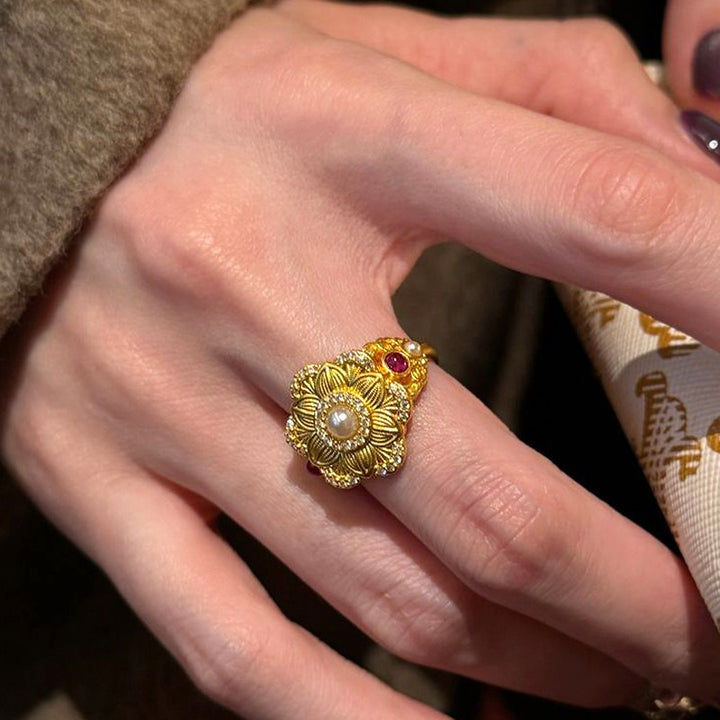 Vintage 18K Gold Plated Pearl & Ruby Floral Open Ring