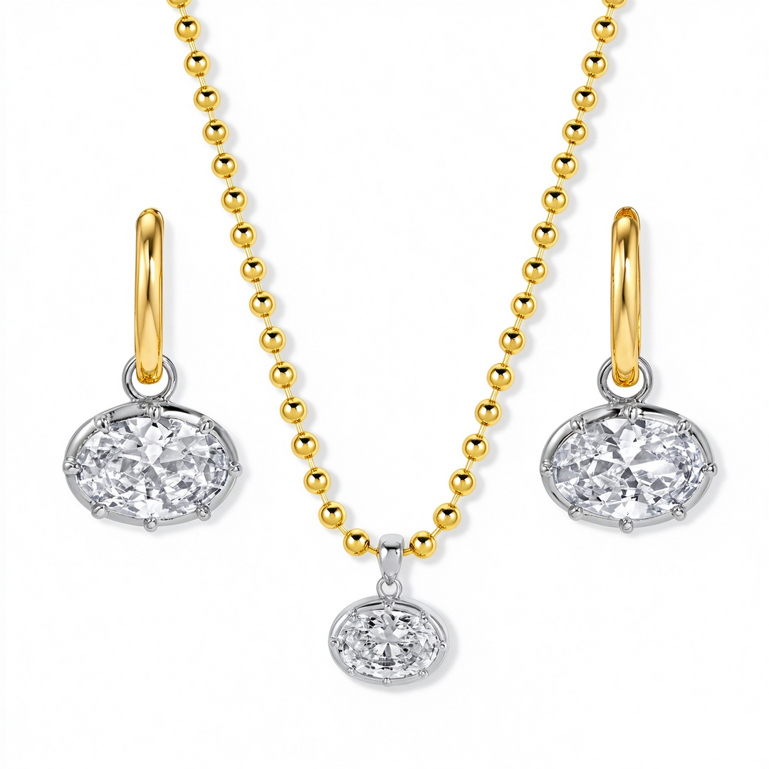 S925 Silver Vintage Bezel Oval CZ Pendant & Hoop Earrings Set