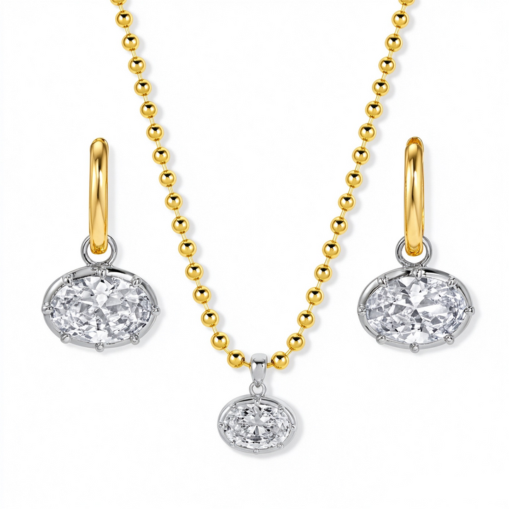 S925 Silver Vintage Bezel Oval CZ Pendant & Hoop Earrings Set