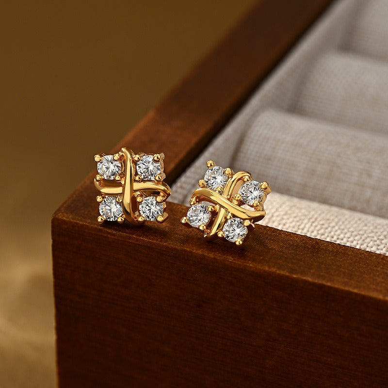 S925 Silver Criss-Cross Ribbon Four-Stone Stud Earrings Minimalist Geometric CZ Dainty Earrings