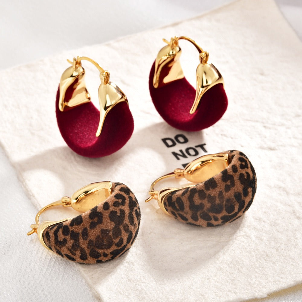 Vintage Velvet & Leopard Print Contrast Hoop Earrings Fall/Winter Aesthetic Huggie Hoops