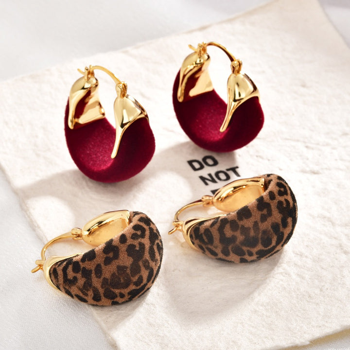 Vintage Velvet & Leopard Print Contrast Hoop Earrings Fall/Winter Aesthetic Huggie Hoops