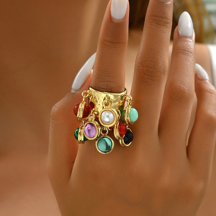 18K Gold Natural Stone Charm Open Ring Boho Vintage Wide Band Statement Ring