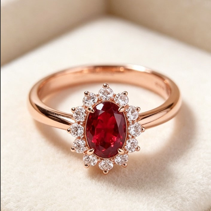 18K Rose Gold Diamond Halo Vintage Pigeon Blood Ruby Ring