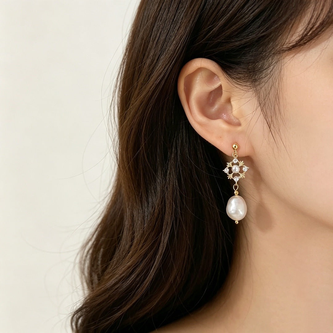 18K Gold Vintage Hollow Pearl Drop Earrings Freshwater Pearl & CZ Dangle Earrings