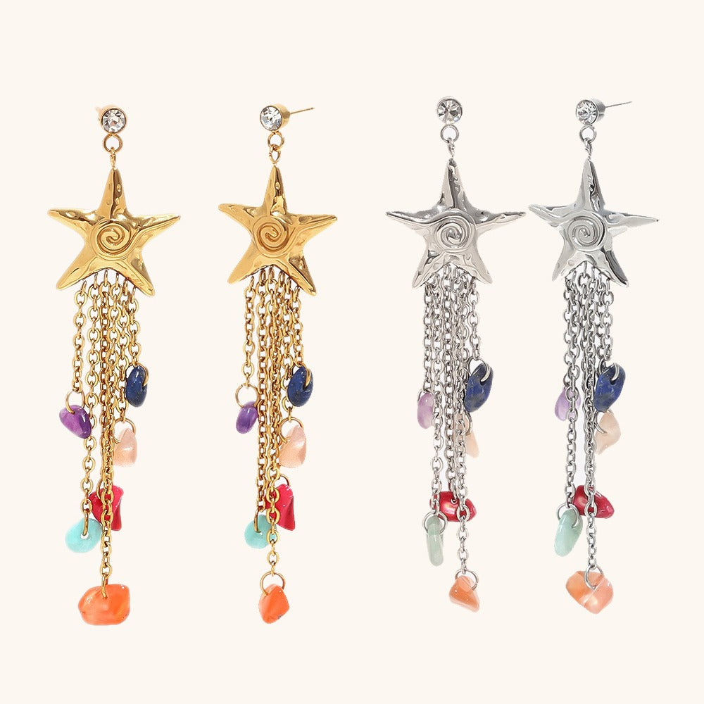 S925 Sterling Silver Starfish Natural Stone Tassel Earrings 18K Gold Bohemian Colorful Gemstone Dangle Earrings