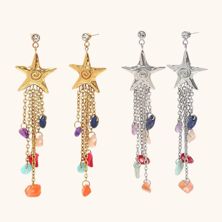 S925 Sterling Silver Starfish Natural Stone Tassel Earrings 18K Gold Bohemian Colorful Gemstone Dangle Earrings
