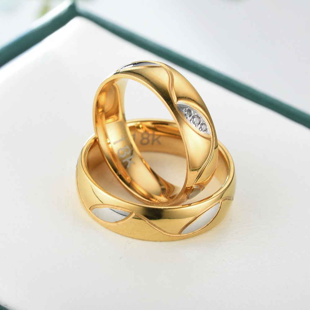 18K Gold Two-Tone Wave Couple Rings Wide Comfort Fit Wedding Bands