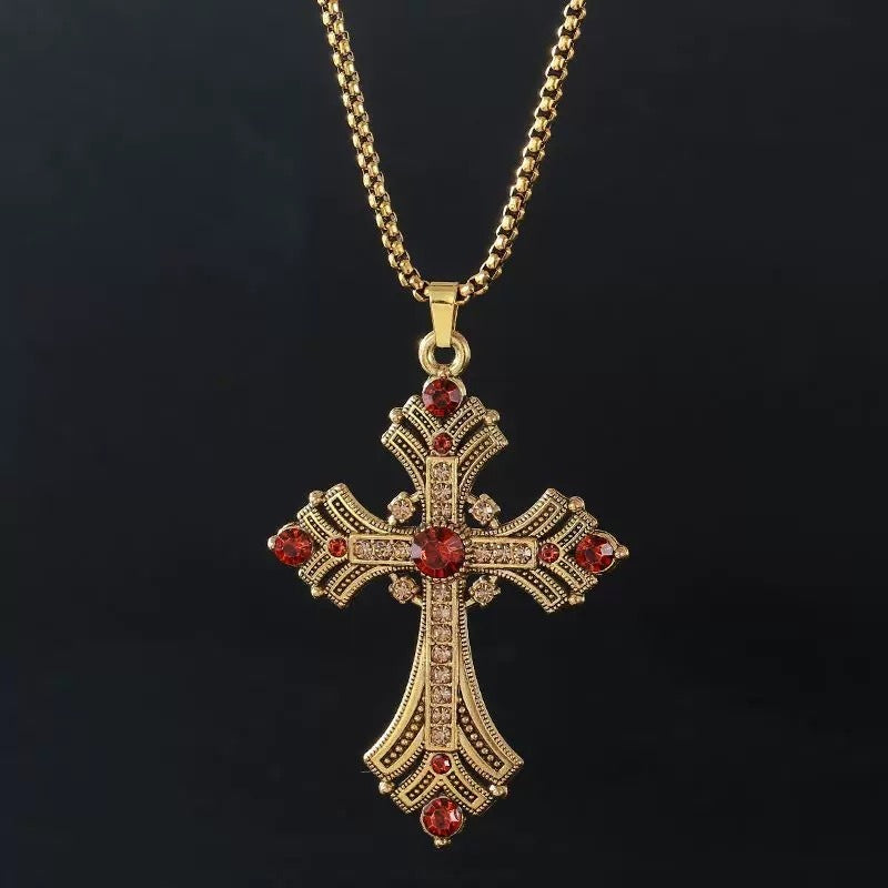 Vintage Byzantine Lavish Pave & Gemstone Cross Necklace