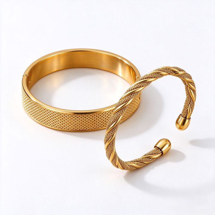 14K Gold Vintage Mesh & Twisted Bangle Classic Woven Texture Bracelet