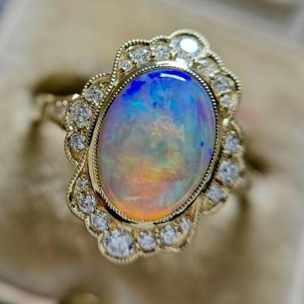 18K Gold Vintage Opal Ring Lace Halo Scalloped CZ Statement Ring
