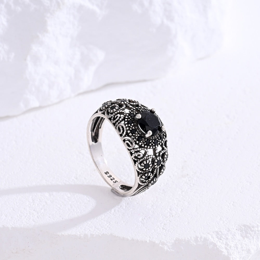 Dark Guardian · S925 Sterling Silver Vintage Carved Obsidian Ring