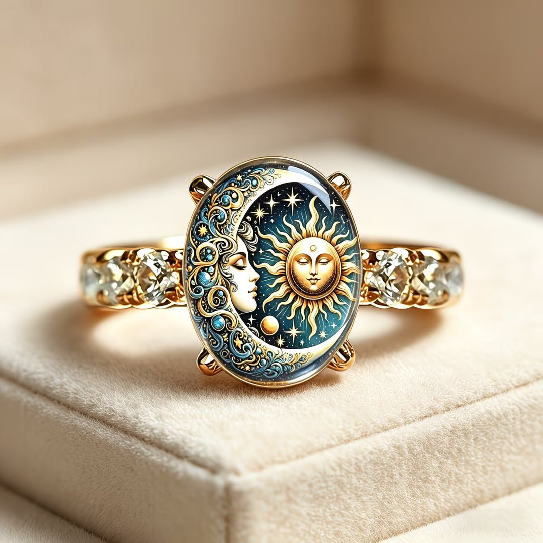 18K Gold Vintage Sun & Moon Ring Mysterious Celestial Art Ring