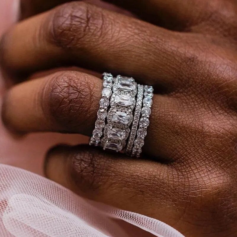 S925 Sterling Silver Emerald Cut 4-Piece Ring Set Luxe Full Eternity Stacking Set