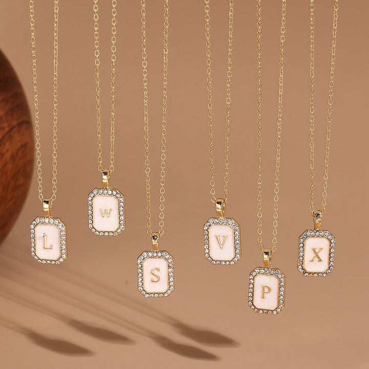 18K Gold Mother of Pearl Initial Necklace CZ Framed A-Z Square Letter Pendant
