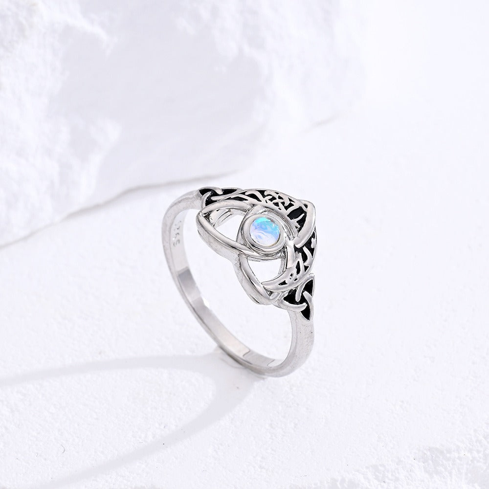 S925 Silver Vintage Moonstone Ring Celtic Hollow-Out Filigree