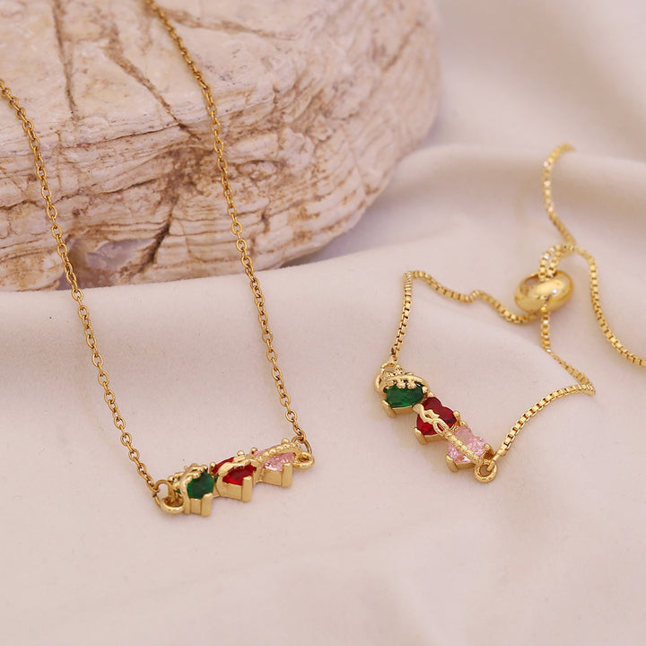 18K Gold Tri-Heart Necklace & Bracelet Colorful CZ Charm Chain